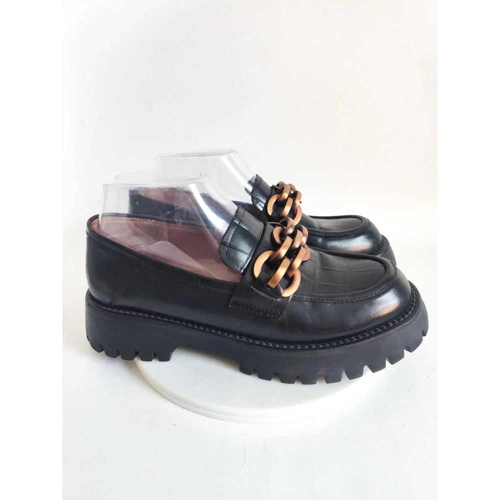 Beau Today Platform Loafers 6.5 Black Leather Chain Lug Sole Dark Academia Goth